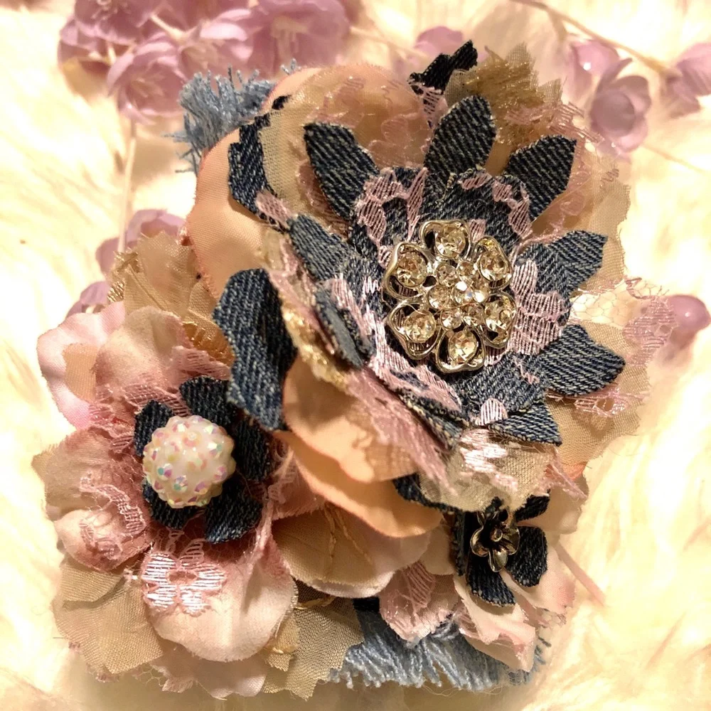 Denim Cuff Floral Pink Sabby Boho Chic Bracelet Handmade - Picture 5 of 8
